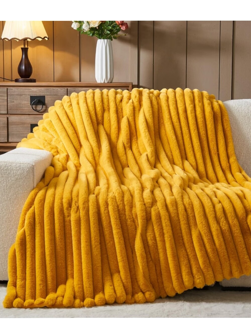 NWT 50"x60" Faux Fur Throw Blanket In Mustar Yellow 3D Ribbed Plush Cozy